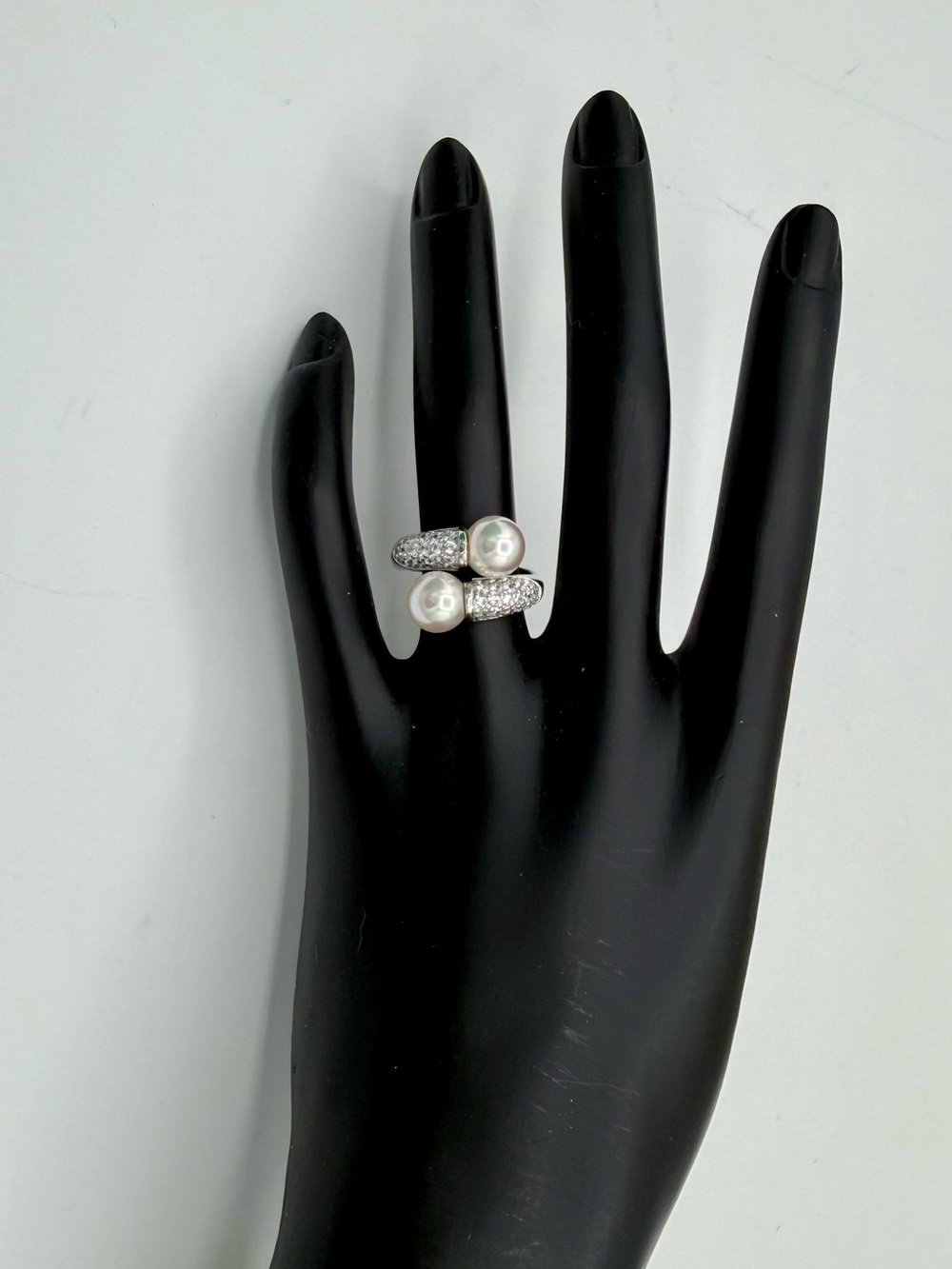 925 Sterling Silver Toi et Moi Bypass Ring Double Faux Pearl Pavé CZ Ring Size 7